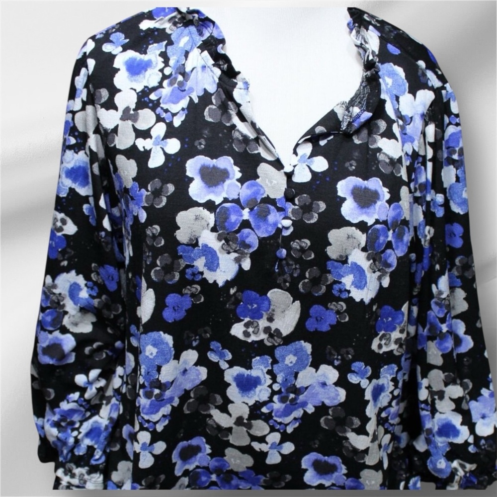 Cato Women's 18/20W Black & Blue Floral Print Tunic Top 3/4 Sleeve Blouse